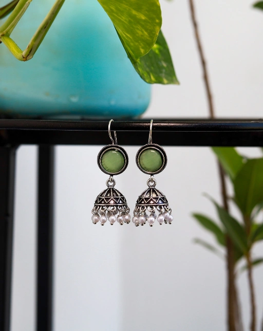 Silver Jhumka Earrings – Green Stone & Pearl Drops
