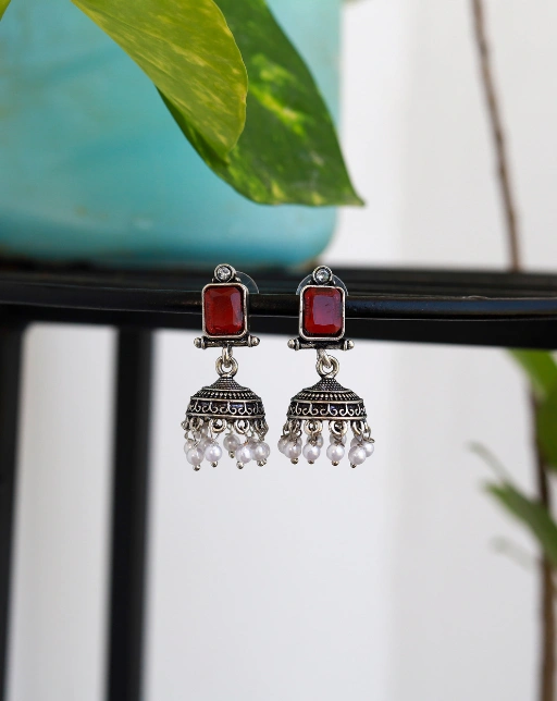 Silver Jhumka Earrings – Red Accents