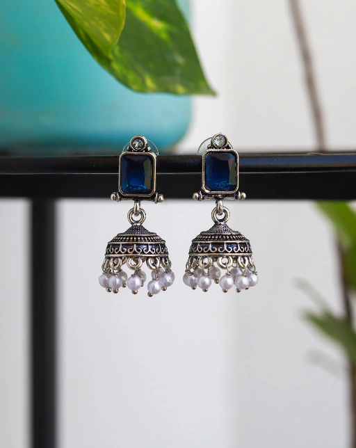 Silver Jhumka Earrings – Deep Blue Accents