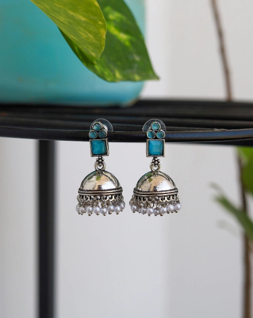 Silver Jhumka Earrings – Blue Accents
