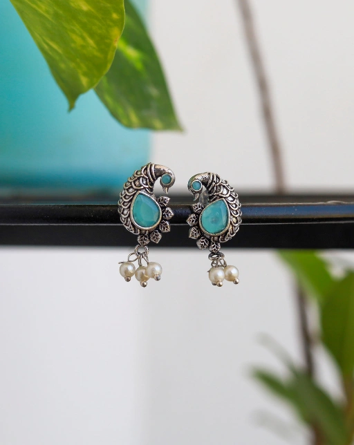 Peacock-Inspired Silver Earrings – Aqua Blue