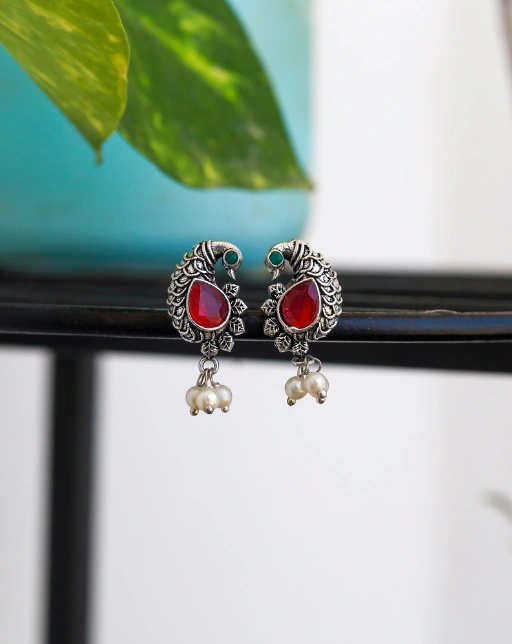 Peacock-Inspired Silver Earrings - Red
