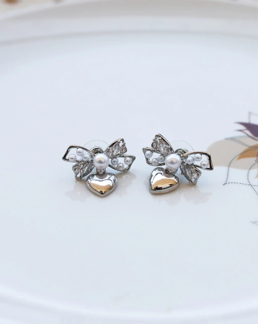Silver Bow Heart Earrings